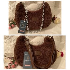 ESLCORRI FASHIONABLE HOBO FAUX FUR SHOULDER BAG, LEATHER STRAPS OR SILVER CHAIN